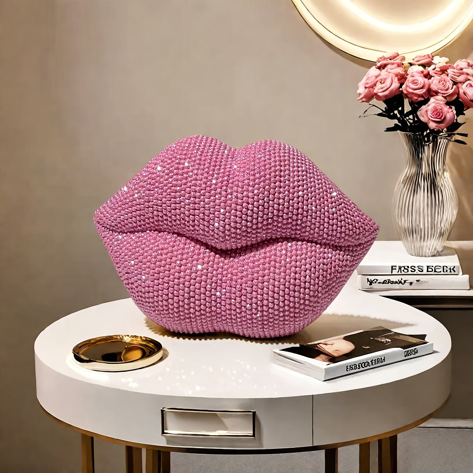 1pc Pink Beaded Lips Statue Decor – Resin Love-Themed Art for Home, Office, Bedroom, Bar, Hotel, Bathroom – Perfect for Weddings, Valentine’s Day, and Romantic Gifts, Indoor Decoration | Beaded Texture | Sleek Finish, P
