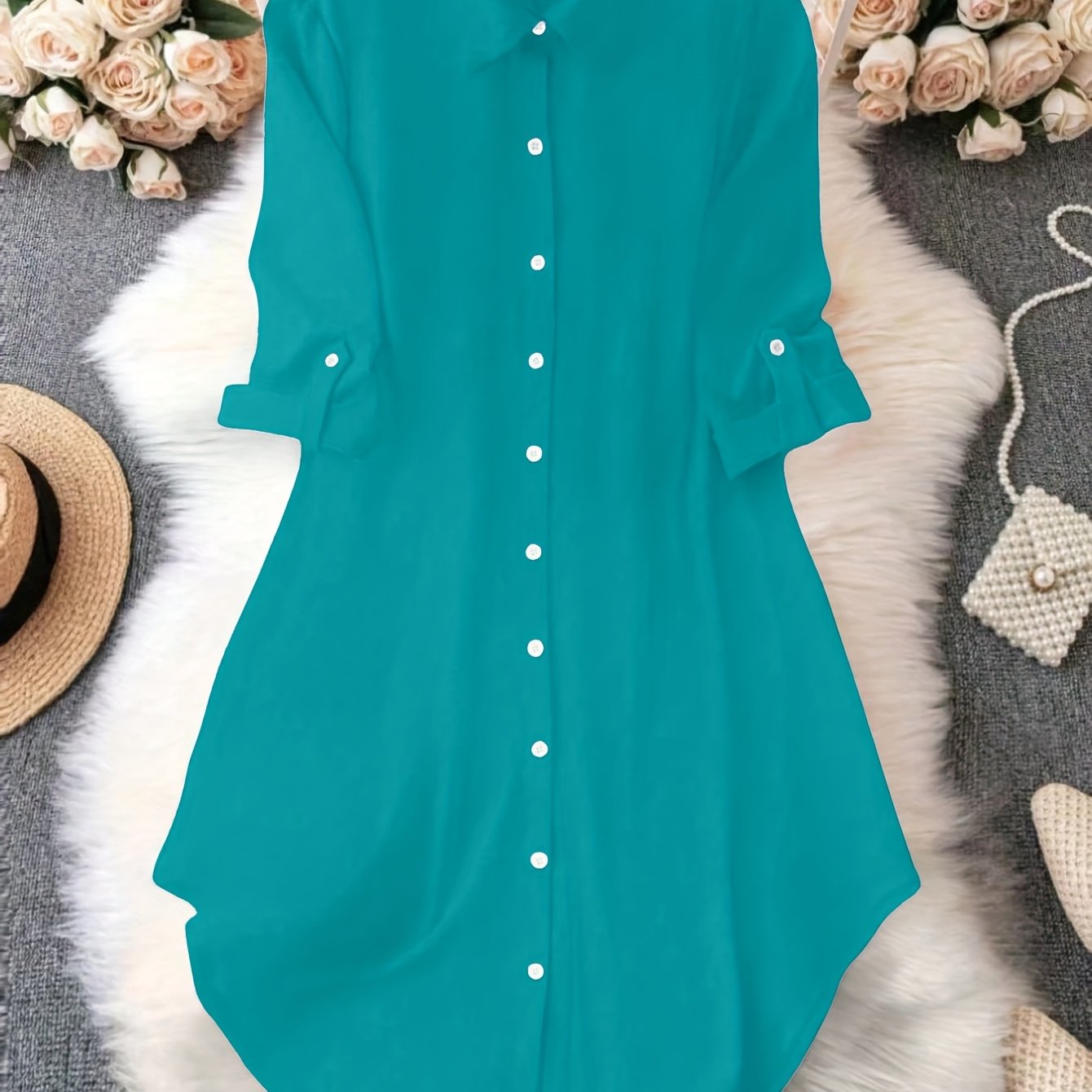 Women'S Light Blue Dress Shirt with Front Buttons and Sleeves - Casual Crew Neck, Long Sleeve, Solid Color, Polyester, Perfect for Spring and Fall, Ladies Dress