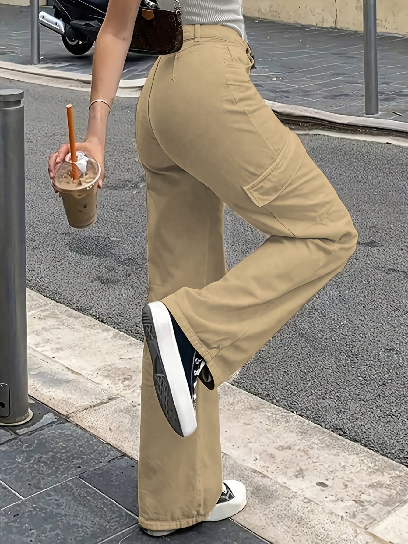 Women'S Casual Solid Cargo Pants, Polyester High Waist Wide Leg Pants with Pocket, All-Season Woven Fabric, 150g/㎡ Weight