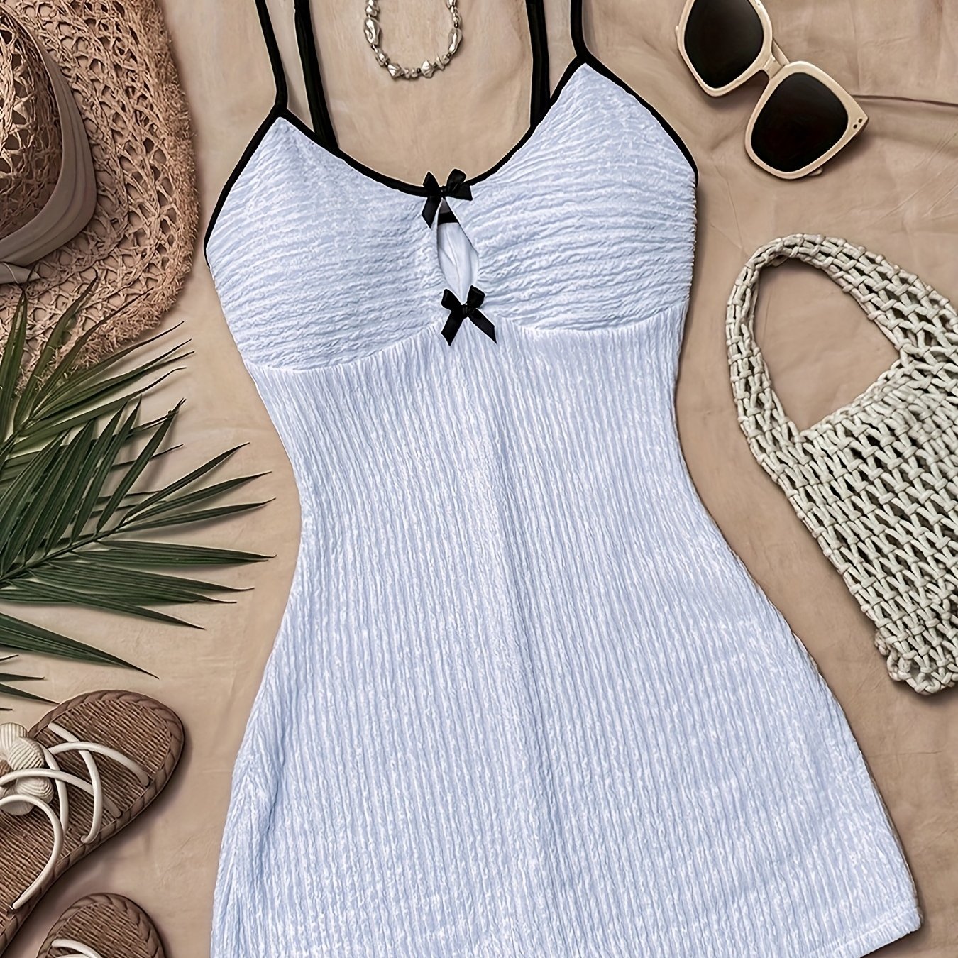 Women'S White Knit Textured Halter Jumpsuit with Bow Detail - Stylish Vacation Swimsuit, Perfect for Beach or Pool Parties, Polyester Blend, Party Attire|Vacation Style|Polyester Spandex Blend