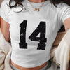 Women's Y2K Geometric Number 14 Print Crop T-Shirt - Soft Casual Top, Light Yellow with White Numerals, Spring Summer Versatile Tee, Distressed Style, Machine Washable Fabric, Comfortable Fit