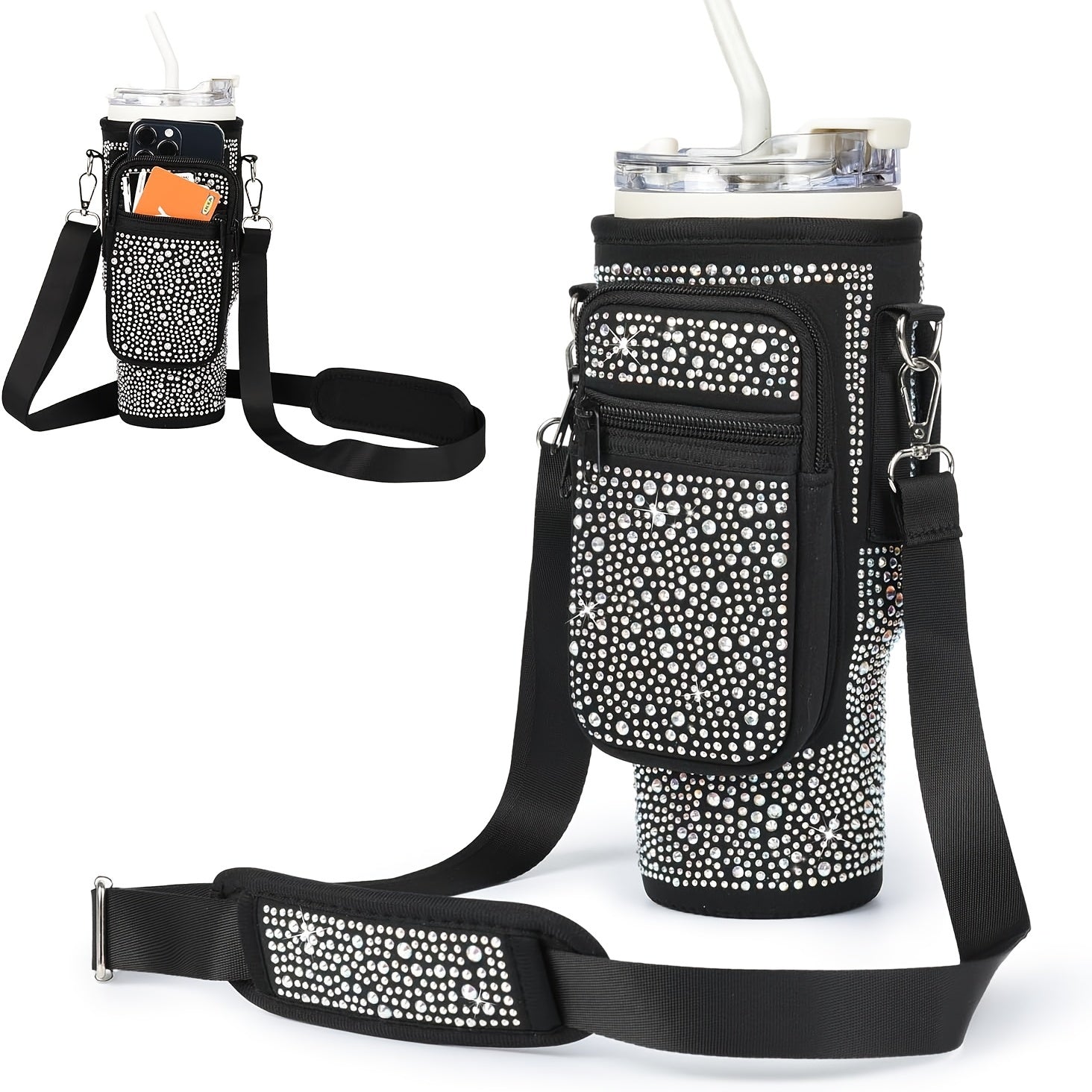 [Bling Neoprene Bottle Carrier] Multifunctional Neoprene Water Bottle Carrier - Insulated Sleeve Bag with Phone Holder, Card Slots, Detachable Strap for 40/30 Oz Tumblers - Bling Diamond Design, Key Hook