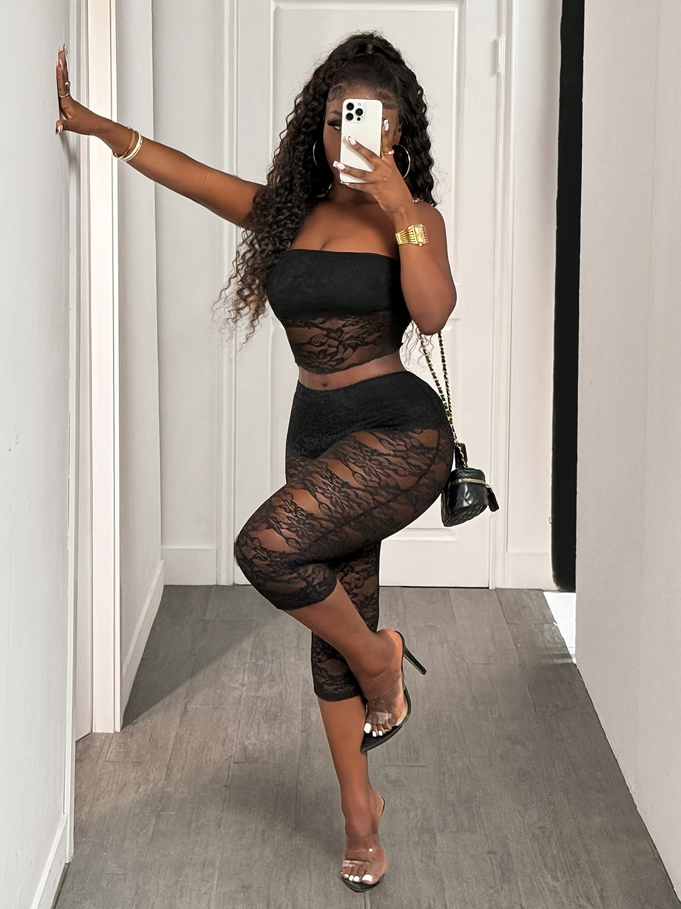Ladies' Lace Stylish Sexy Strapless Top & 3/4 Length Fitted Lace Leggings Two-Piece Set