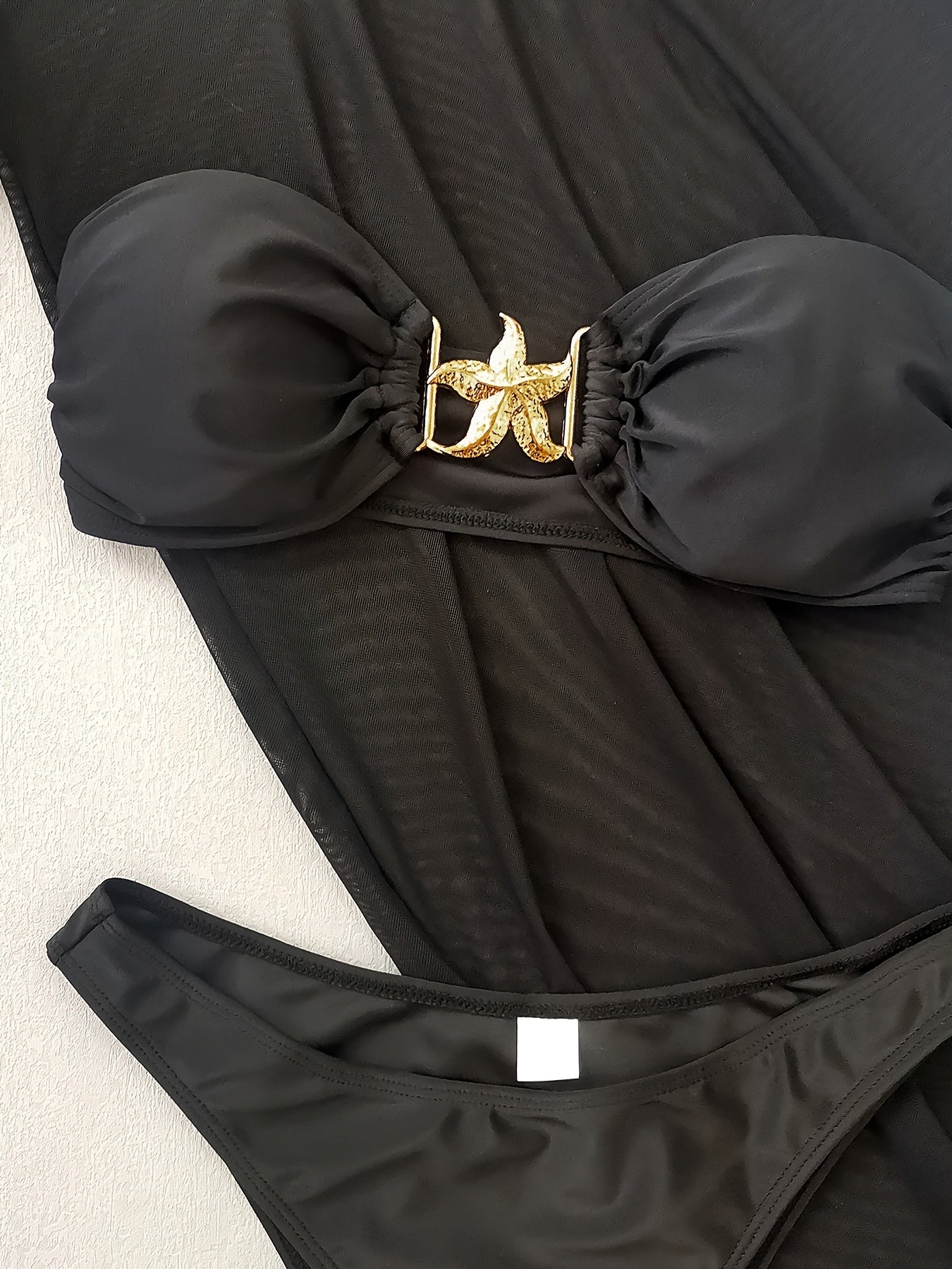 3pcs Women's Bikini Set, Polyester 82.0% Elastane 18.0%, High Stretch Knit Fabric, Solid Color, Off the Shoulder Top with Starfish Detail, Sleeveless Long Skirt Swimwear, High Waisted Bikini Set