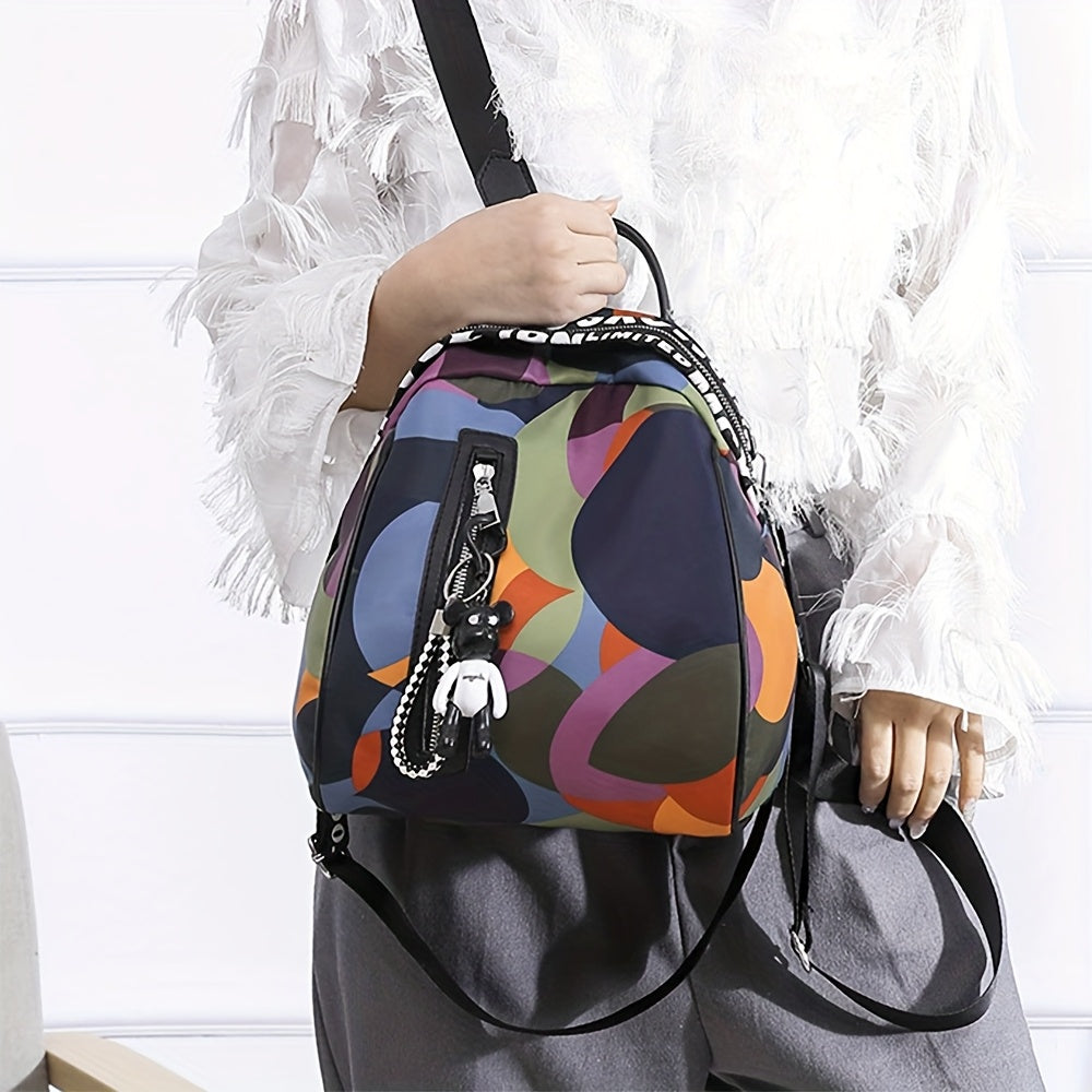 Women's Colorful Geometric Oxford Cloth Backpack - Multifunctional Handbag, Shoulder Bag & Crossbody Purse with Adjustable Straps, Zipper Closure & Bonus Teddy Bear Keychain Accessory, Versatile Travel Purse | Trendy Women's
