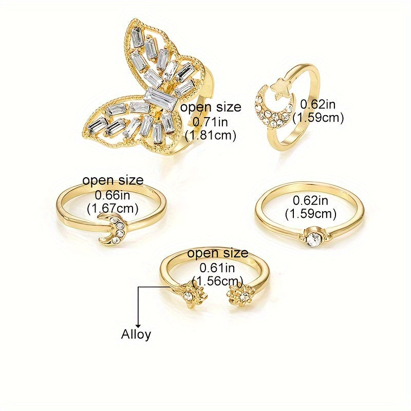 Set of 5 Stylish And Unique Women's Rings Featuring Creative Vintage Golden Butterfly Designs with Embedded Rhinestones And Geometric Open Joint Rings.