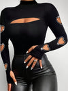 Heart Pattern Mock Neck T-Shirt, Elegant Long Sleeve Cut Out Slim Top for Spring & Fall, Women's Clothing