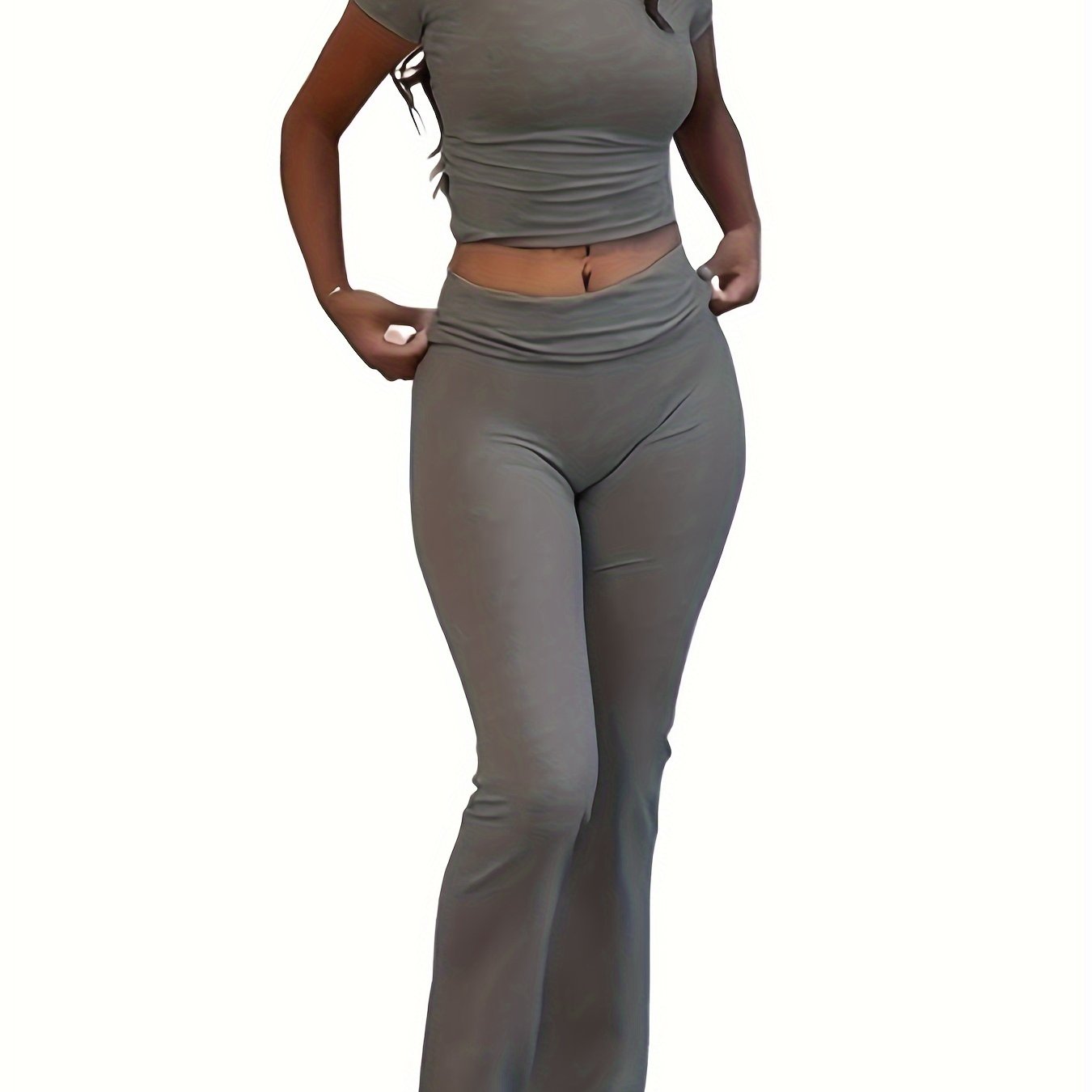 Women's Casual Slim Fit Two-Piece Pants Set – Short Sleeve Crew Neck T-Shirt & High Stretch Flared Leg Sport Pants Outfit