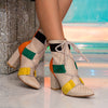 Multicolor Patchwork High-Heel Ankle Boots - Pointed Toe, Chunky Heel, Fabric Lace-Up & Back Zipper, Rubber Sole - Elegant Fashionable Short Boots for Casual Wear
