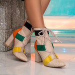 Multicolor Patchwork High-Heel Ankle Boots - Pointed Toe, Chunky Heel, Fabric Lace-Up & Back Zipper, Rubber Sole - Elegant Fashionable Short Boots for Casual Wear