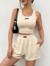 Patched Detail Casual Shorts Set, Square Neck Tank Top & Elastic Waist Shorts Outfits, Women's Clothing