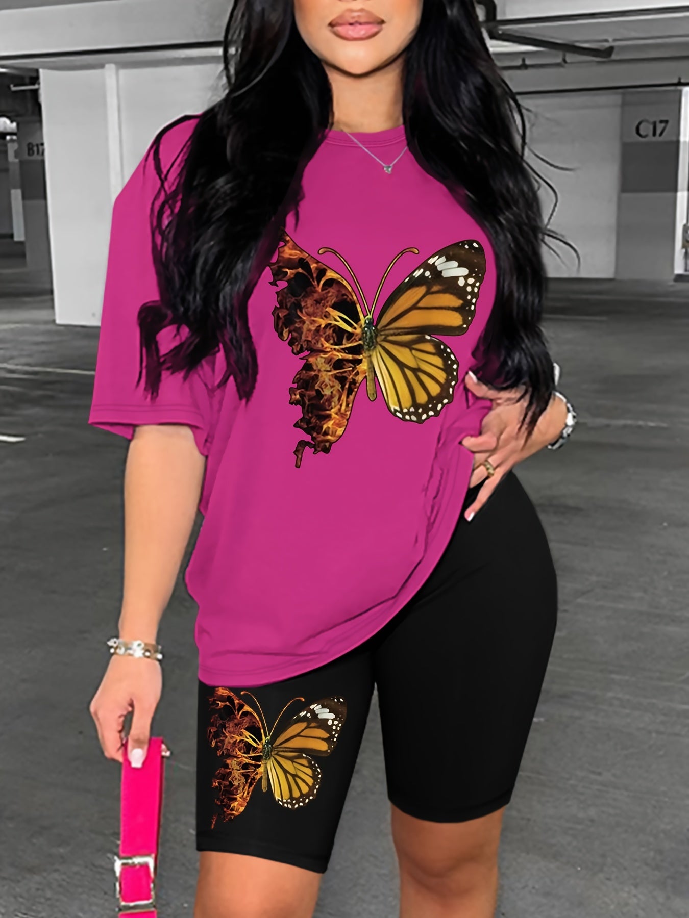 Butterfly Print Matching Two-piece Set, Casual Short Sleeve T-shirt & Skinny Shorts Outfits, Women's Clothing