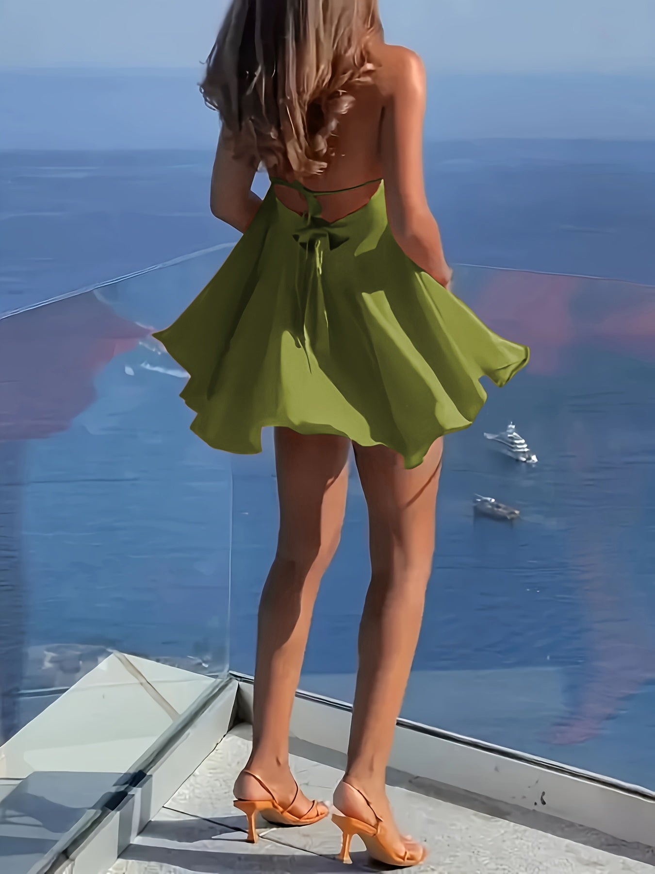 Women's Sexy Backless V-Neck A-Line Dress - Sleeveless, Tie-Back Waist, Flowy Orange Mini Dress for Summer, Beach & Casual Outings