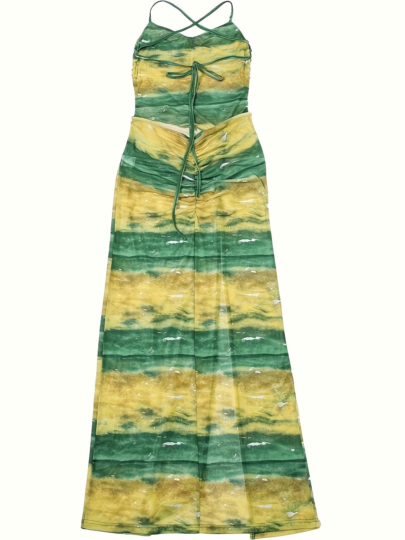 Backless Ruched High Slit Cami Dress - Sexy Slinky Sleeveless Maxi Dress - Polyester - For Spring & Summer - Women's Clothing - Perfect for Parties & Casual Occasions