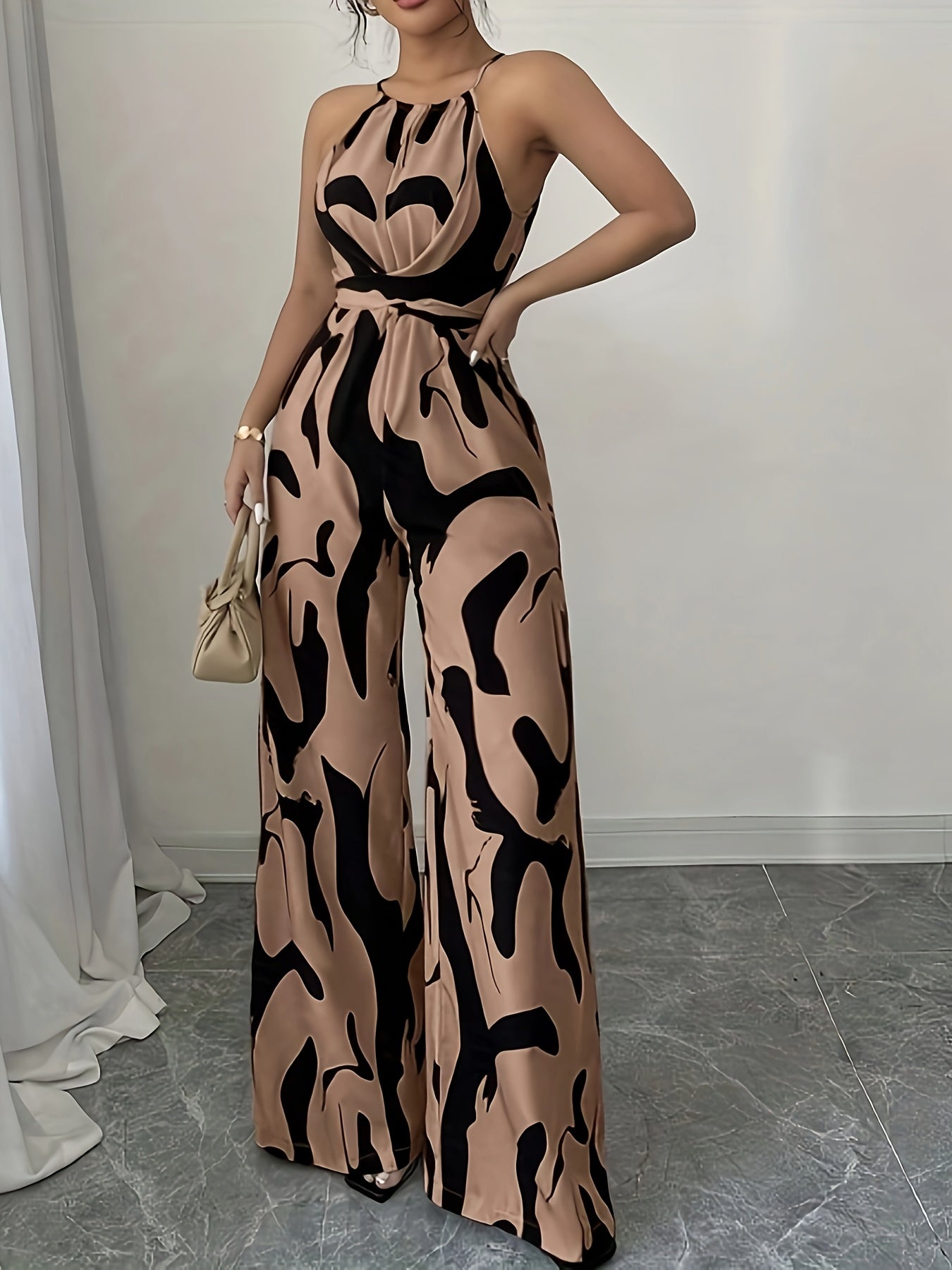 Women's Elegant Off-Shoulder Print Jumpsuit with Wide Legs and Tie Waist - Black & White Abstract Pattern, Polyester Fabric, Perfect for Vacation and Everyday Chic