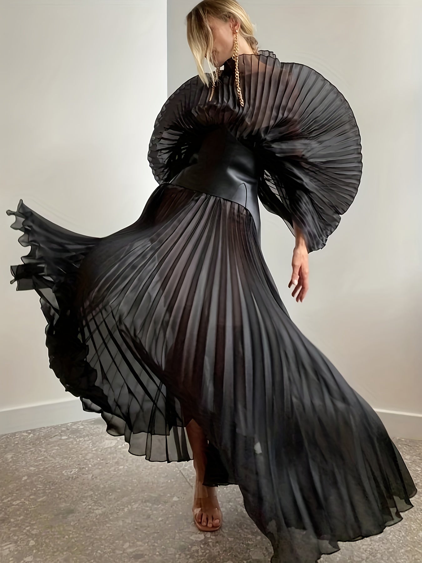 Black Stretchy Maternity Waist Pleated Maxi Dress - Elegant Long Sleeve Mesh Formal Gown with Ruching Detail, Nigerian Wedding Guest Dress for Photoshoots, Birthday Parties & African Events, All-Season Women's Fashion, Formal
