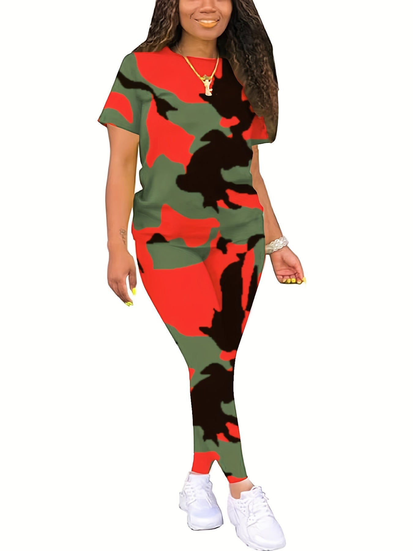 Camo Print Two-piece Set, Casual Crew Neck T-shirt & Skinny Pants Outfits, Women's Clothing