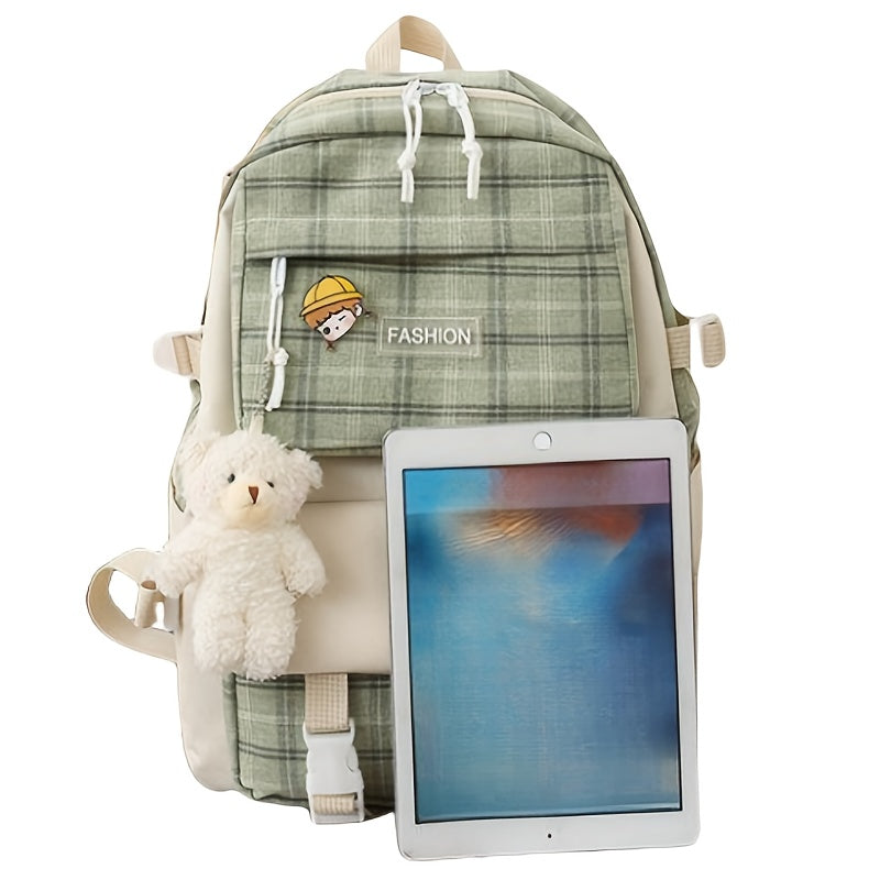 Fashionable And Lovely Plaid Backpack - Five-piece Set - Casual Simple Backpack - For Women - Suitable for School, Travel, Everyday Use - Perfect Gift for Teen Girls