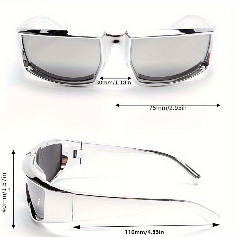 A Pair Of Polygonal Wrap Shape Y2K Future Wind Technology Sense Silvery Coated Mirror Fashion Glasses, Glasses Cloth, Glasses Case, Glasses Storage Case