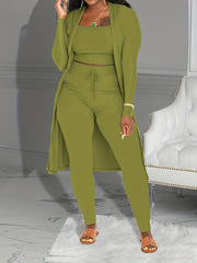 Three-piece Set of Ribbed Solid Casual Outfits, Open Front Long Sleeve Cardigan & Tank Top & Lace Up Pants, Women's Clothing