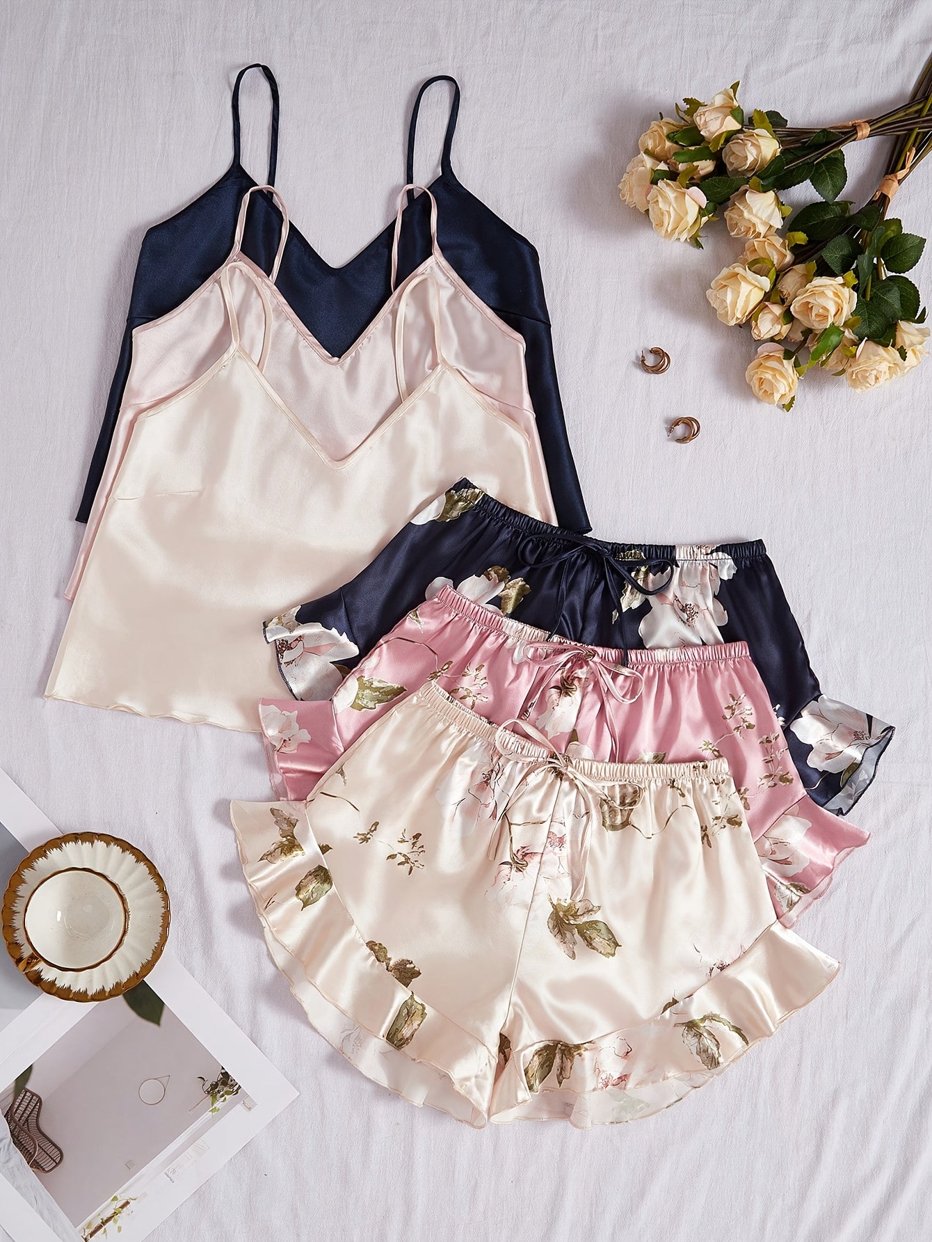 6pcs Camisole Shorts Pajamas in Various Color Combinations, Sweet Women'S Pajama Set, Faux Silky Women'S Loungewear And Casual Wear.
