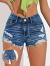 Women's Distressed Denim Shorts, High-Waisted Ripped Hem, Slash Pockets, Mid-Stretch Washed Blue Jean Shorts - Elegant Summer Casual Wear, Spring Fashion Shorts | Frayed Edge Denim | Stylish Distressed Details, High Waisted S