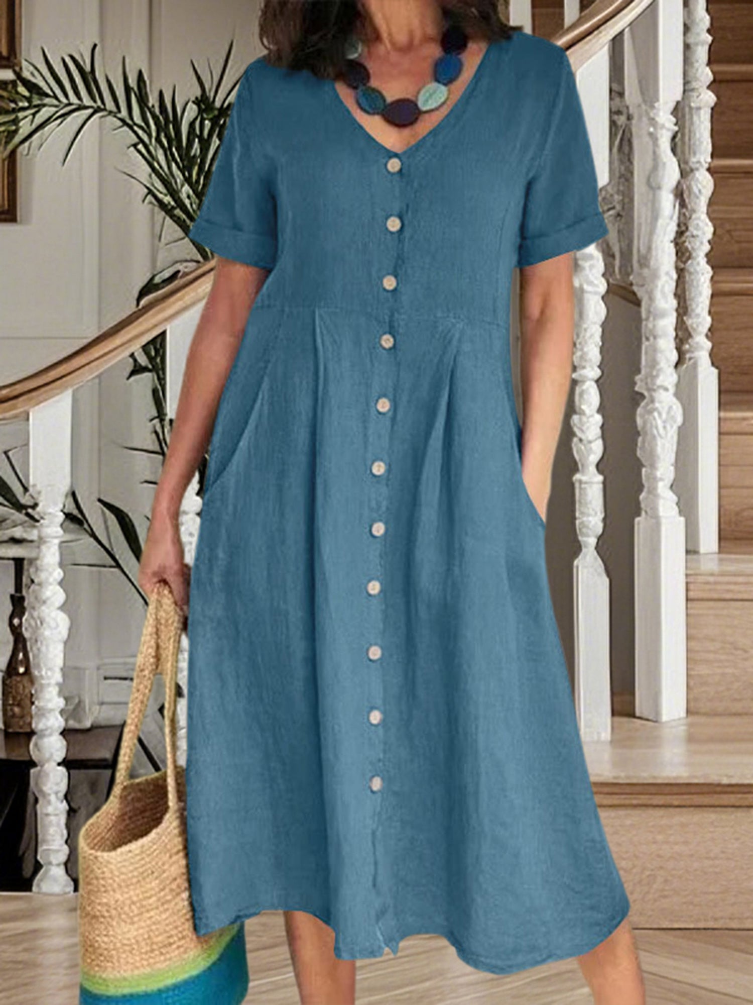 Ladies' Summer Casual Button Mini Dress, Pleated Short-Sleeved Solid Color Loose High-Waisted And Linen Dress
