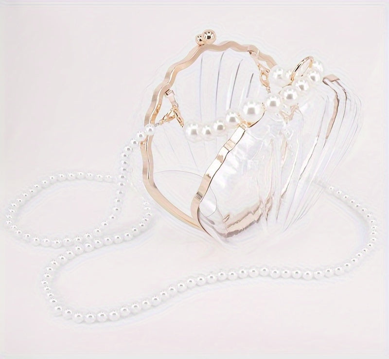 Casual Acrylic Pearl Beaded Shell Crossbody Bag with Removable Strap, Transparent Unlined Clutch with Buckle Closure, Checkpoint-Friendly Fashion Accessory