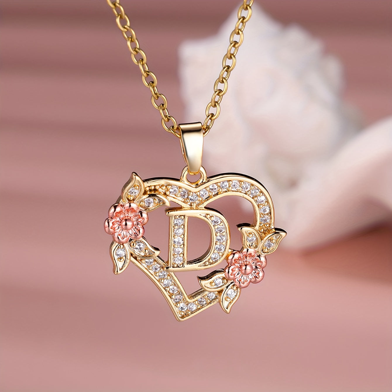 1pc A-Z Letter Love Heart Necklace Elegant zirconia Rose Golden Necklace Valentine'S Day Gift Trendy Jewelry For Women