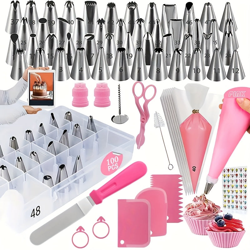 100pcs Set of Piping Tips Stainless Steel Dessert Technique Collection - Cake Baking Tools Stainless Steel Nozzle Christmas Supplies