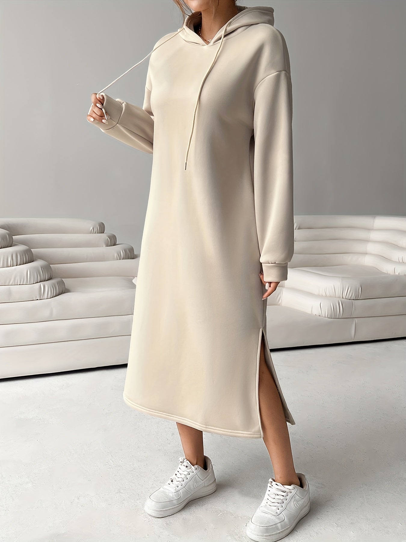 Cozy Letter Print Drawstring Hooded Sweatshirt Dress - Women's Casual Long Sleeve Loose Fit Clothing for Fall & Winter, Soft and Warm Fleece Lined Dress with Adjustable Drawstring Waist