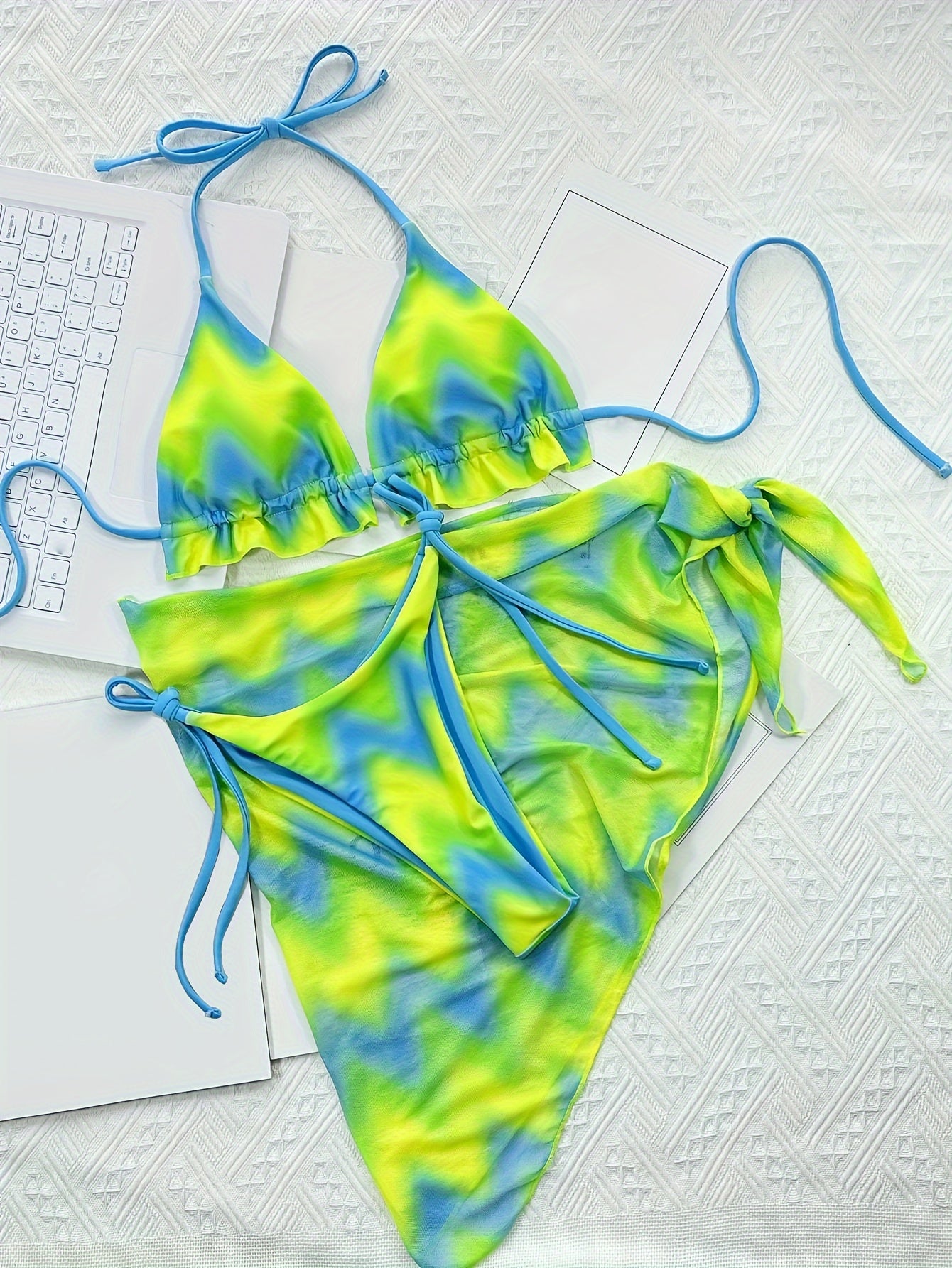 3pcs Sexy Tie Dye Bikini Set with Frill Trim, Halter Neck Triangle Bra, Thong Bottom & Beach Skirt, Removable Padding, High Stretch Knit Fabric, All-Season Swimwear