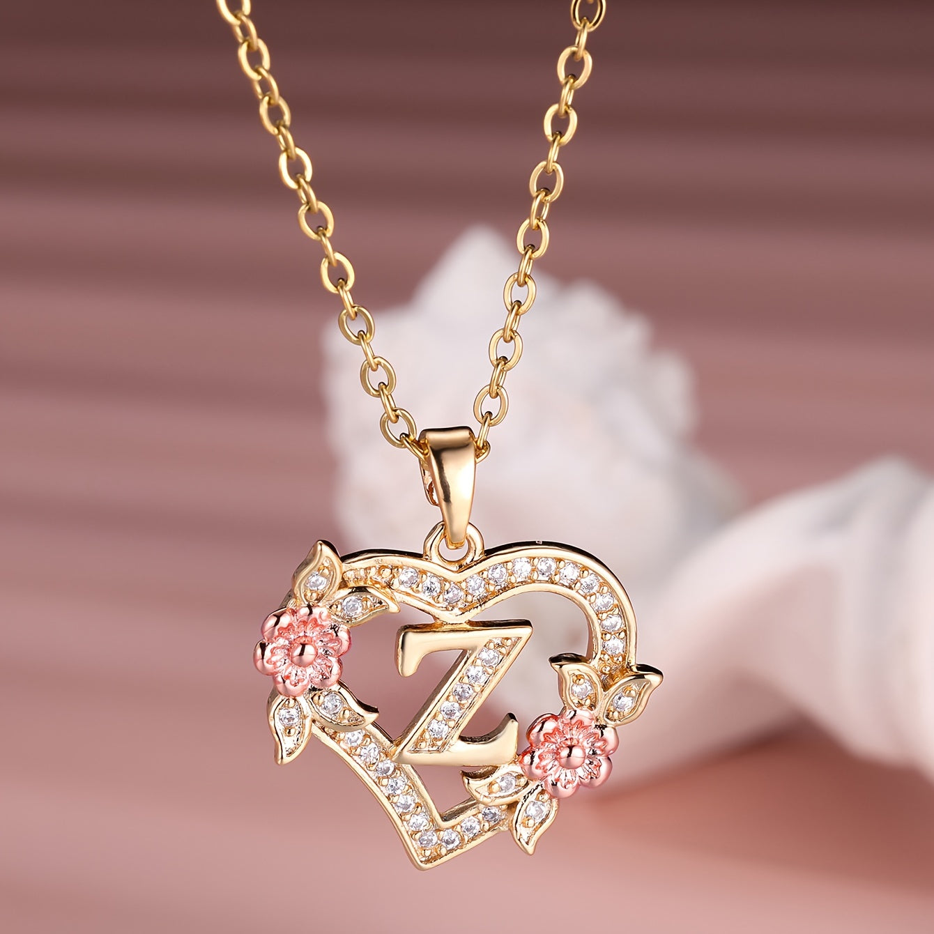 1pc A-Z Letter Love Heart Necklace Elegant zirconia Rose Golden Necklace Valentine'S Day Gift Trendy Jewelry For Women
