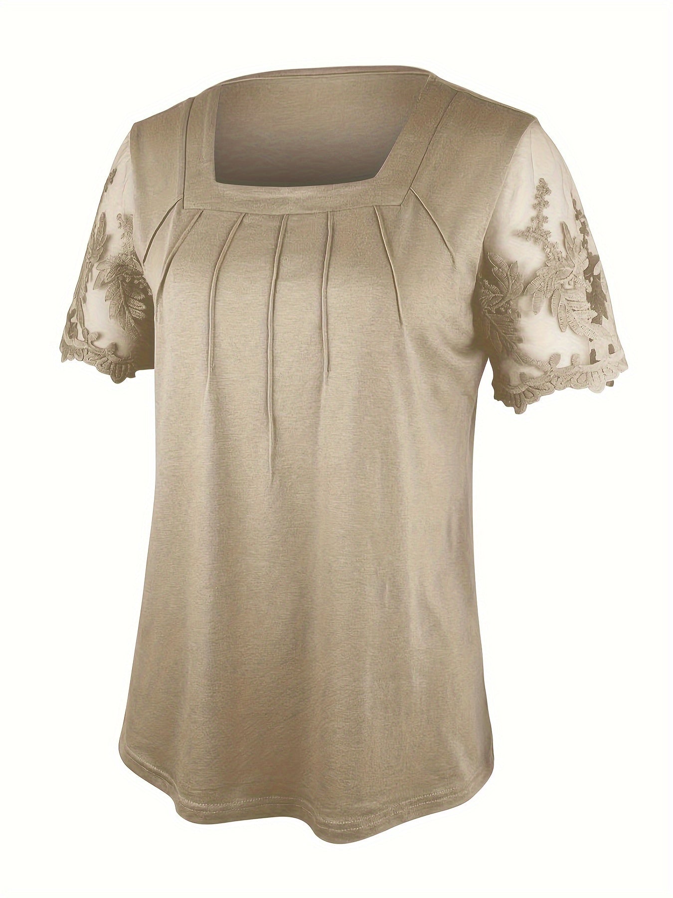 Elegant Knitted Square-Neck Short-Sleeve Top for Women, Featuring Solid Color Mesh Embroidery Lace.