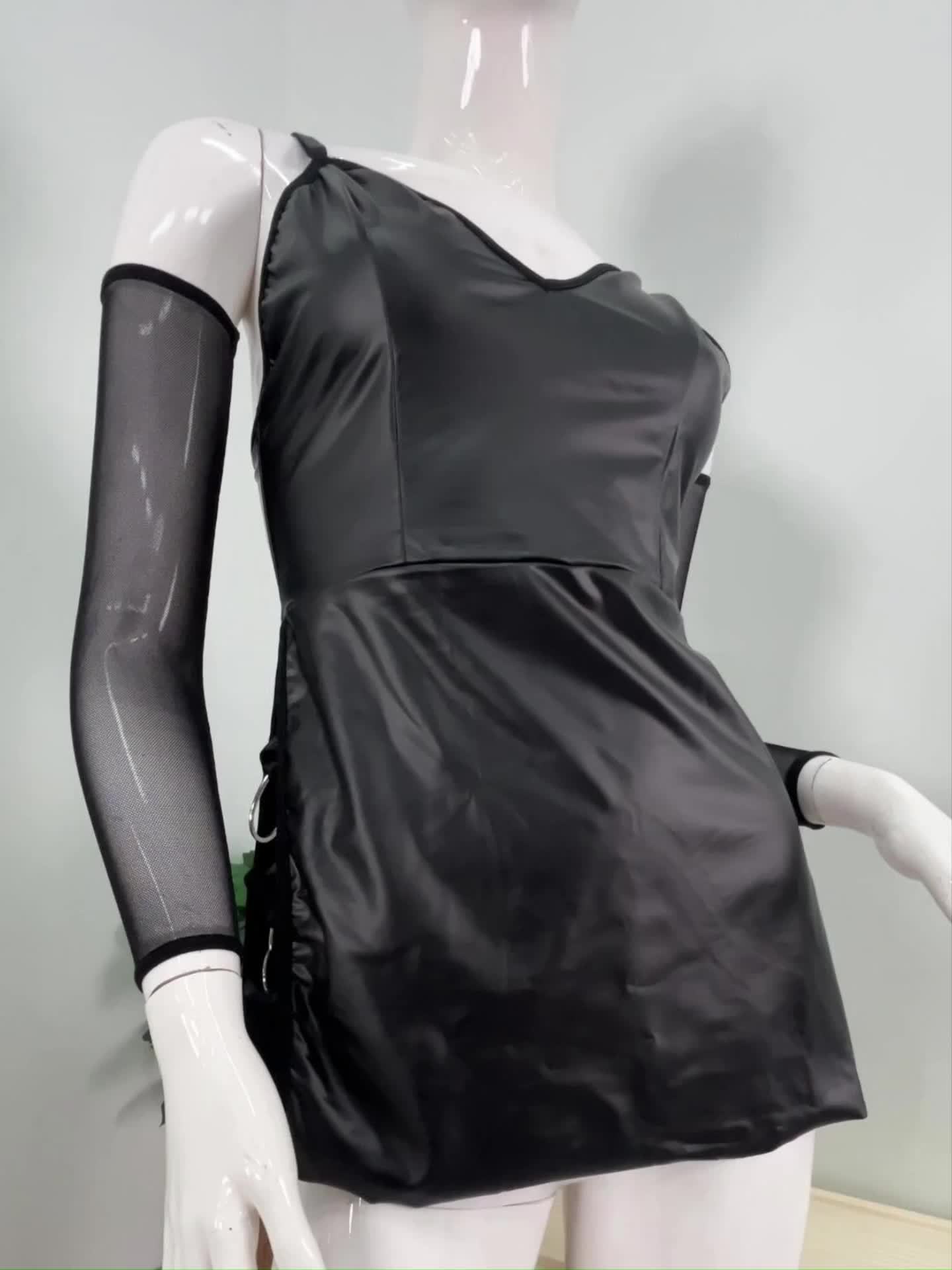 A Black Leather Dress Ensemble for Women, Featuring a Seductive Design, Stockings, And a Neck Accessory. This Alluring Outfit Is Both Comfortable And Breathable, Making It Ideal for Any Season.
