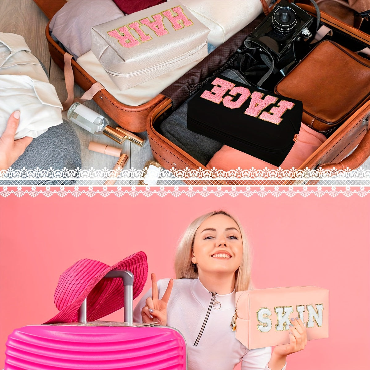 3pcs Letter Embroideried Makeup Bag, Toiletry Storage Bag with Zipper, Travel Organizer for Light Beige, Hair, And Face Care