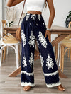 Women's Navy & White Floral Print Wide-Leg Pants with Elastic Waist Drawstring & Smocking Detail - Machine Washable All-Season Elegant Casual Trousers for Women, Comfortable Fashion, Smooth Texture Fabric