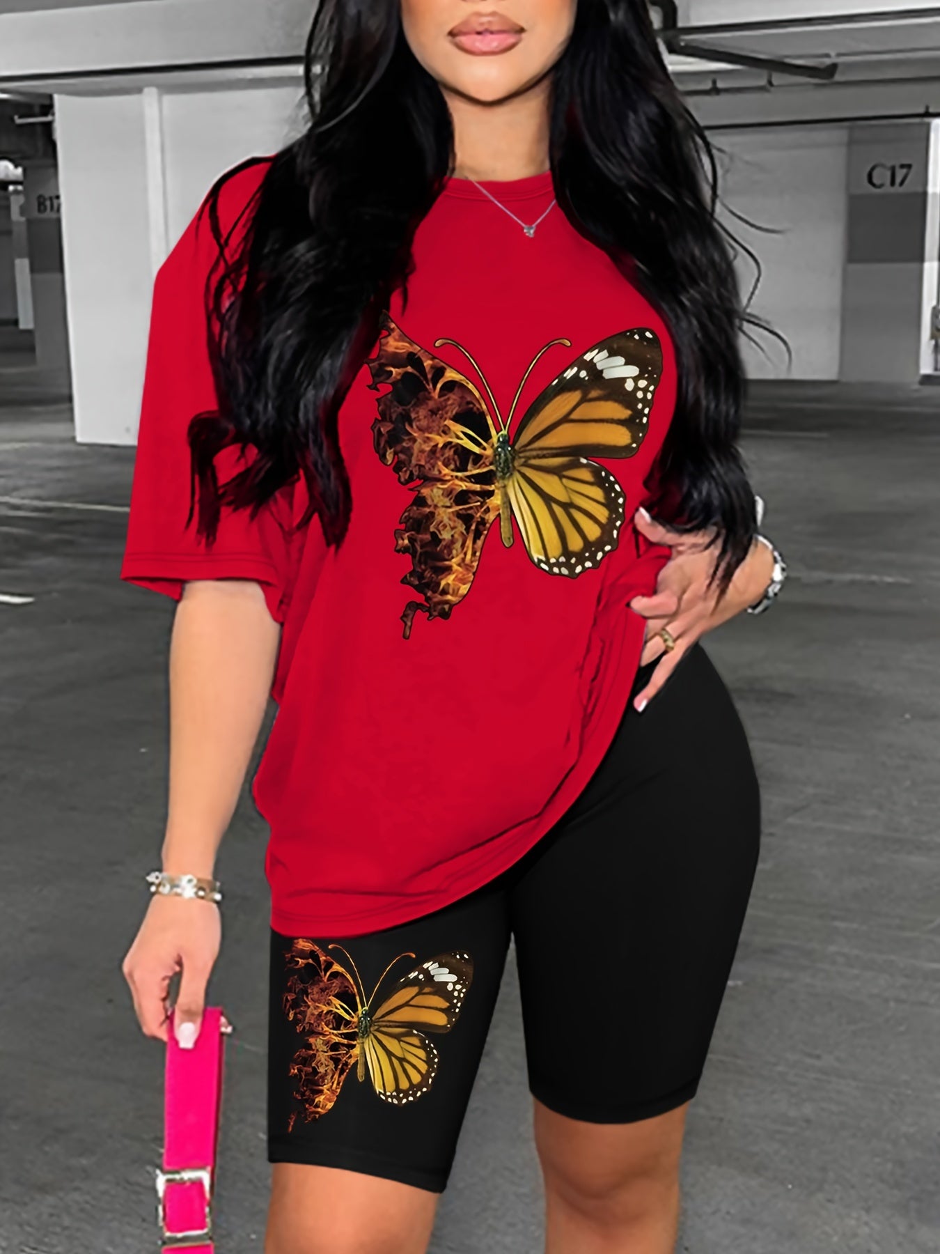 Butterfly Print Matching Two-piece Set, Casual Short Sleeve T-shirt & Skinny Shorts Outfits, Women's Clothing