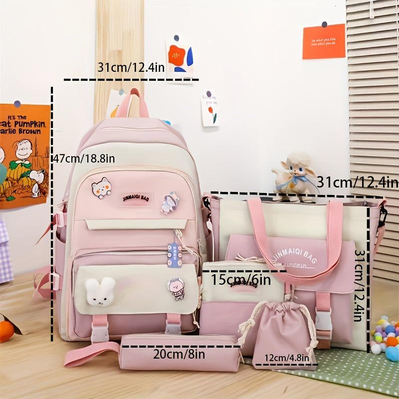 5pcs High School Junior High School Student Mori Department Backpack Girl Color Contrast Cute Large Capacity Backpack Anti-school Season Schoolbag