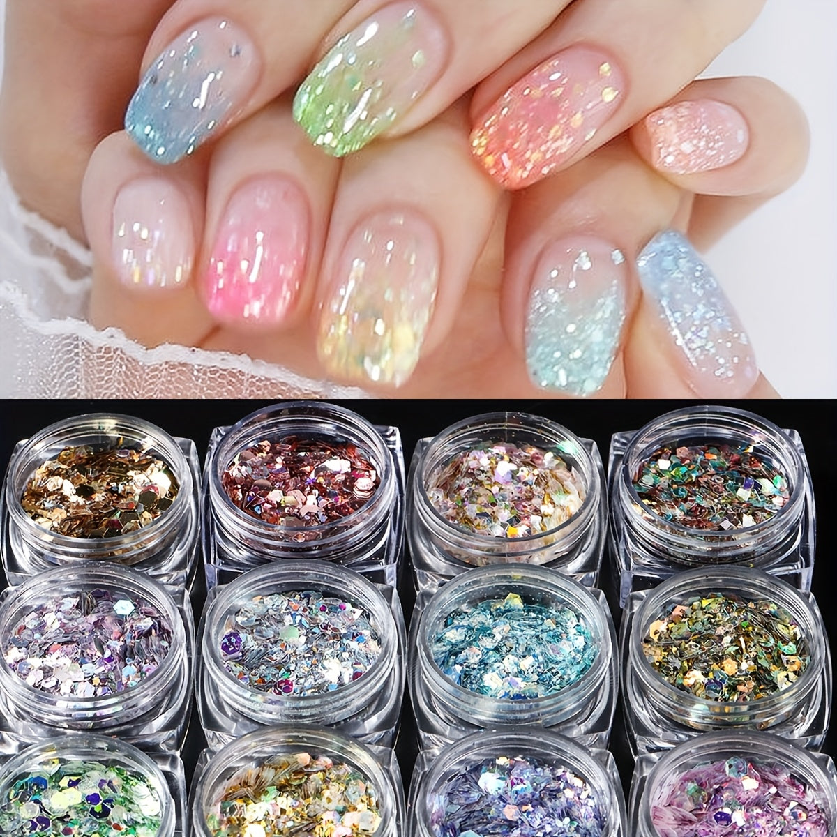 12 Colors Nail Art Glitter Diamond Dust Iridescent Nail Powder Chunky Glitter Confetti Foil Flakes Sequins for Nail Art Supplies, Gel Polish, Y2K Mermaid Holographic Hexagon Sequins, 3D Mirror Irregular Slices Sparkles