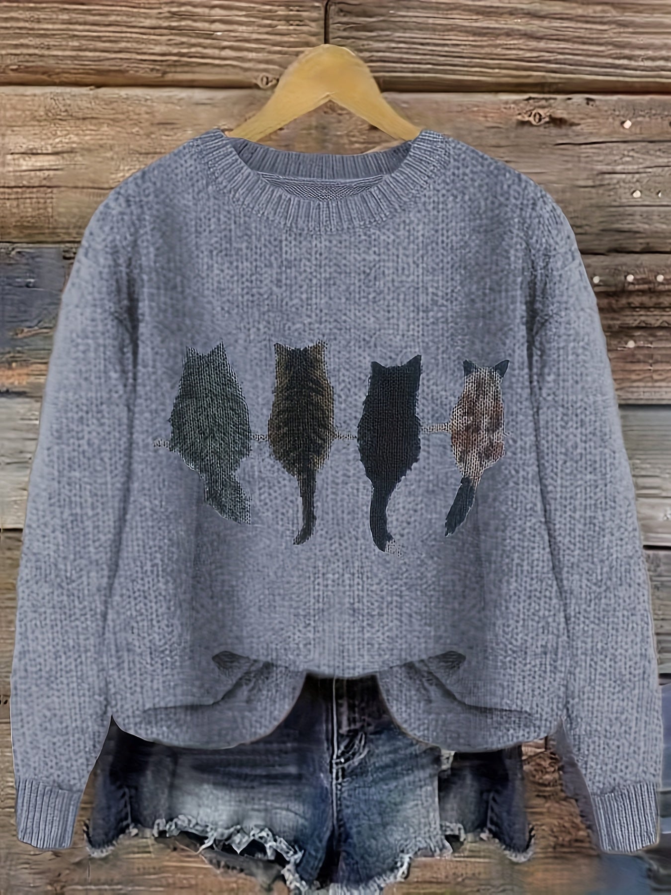 [Casual Cat Print Sweater] Color Block Cat Print Crew Neck Knit Sweater - Loose Fit Pullover - 100% Polyester - Women's Casual for Fall/Winter