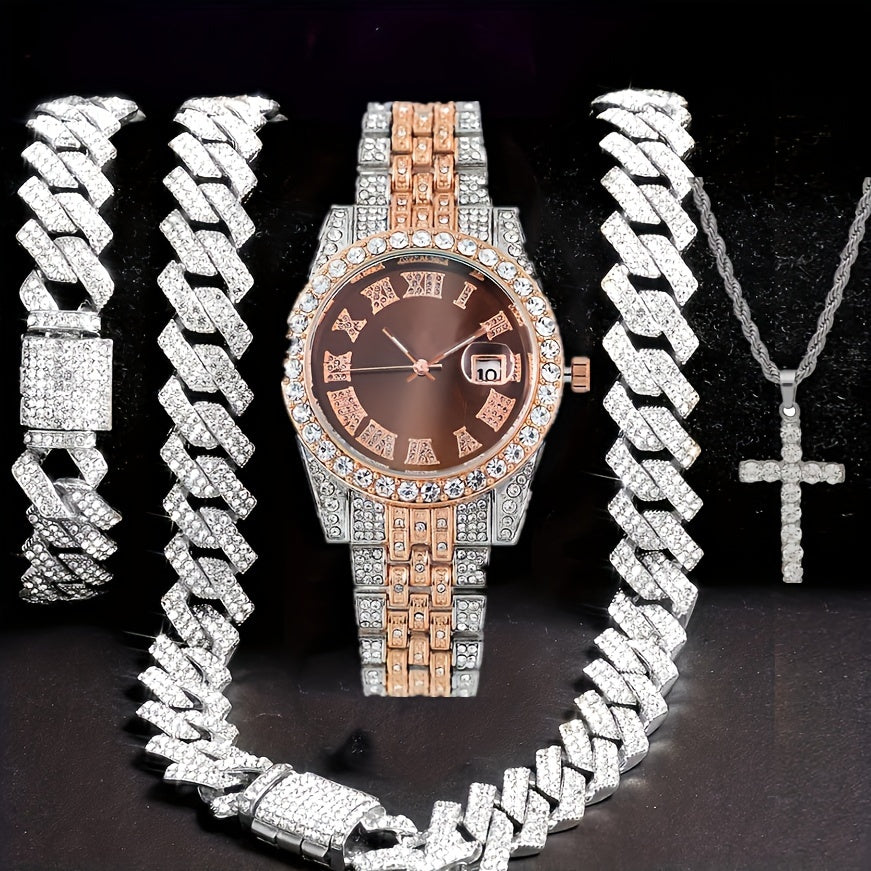 4pcs Men's Hip Hop Bling Set: Golden-Tone Quartz Watch with Rhinestone Bezel, 14mm Cuban Chain Necklace & Bracelet, Cross Pendant - Luxurious Jewelry Gift