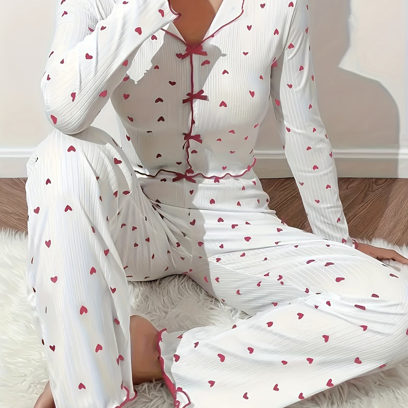 Autumn New Product Love Print Collar Spiral Jacquard Women's Long Sleeve Long Pants Home