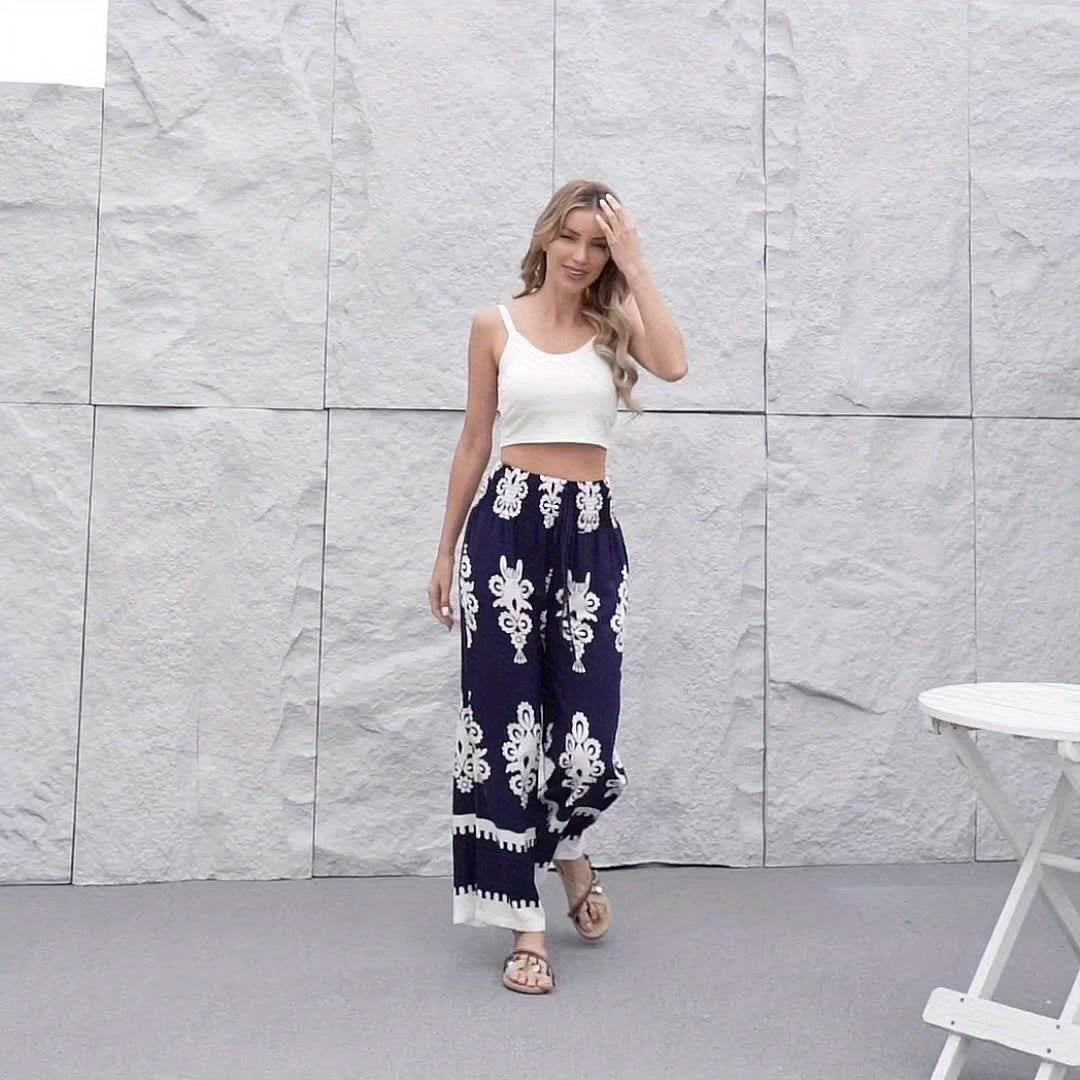Women's Navy & White Floral Print Wide-Leg Pants with Elastic Waist Drawstring & Smocking Detail - Machine Washable All-Season Elegant Casual Trousers for Women, Comfortable Fashion, Smooth Texture Fabric