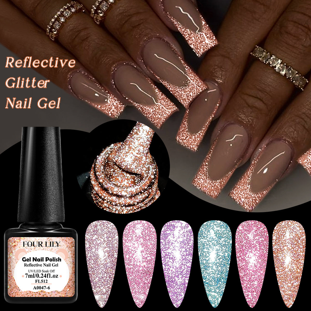 FOUR LILY 0.24oz Reflective Glitter Nail Gel - Semi-Permanent Soak Off LED Varnish for Manicure, Sparkling Pink & Purple Swirls, Long-Lasting Shine, Easy Application, Nail Art Gel | Glittery Nail Polish | Vibrant Colors, Nail