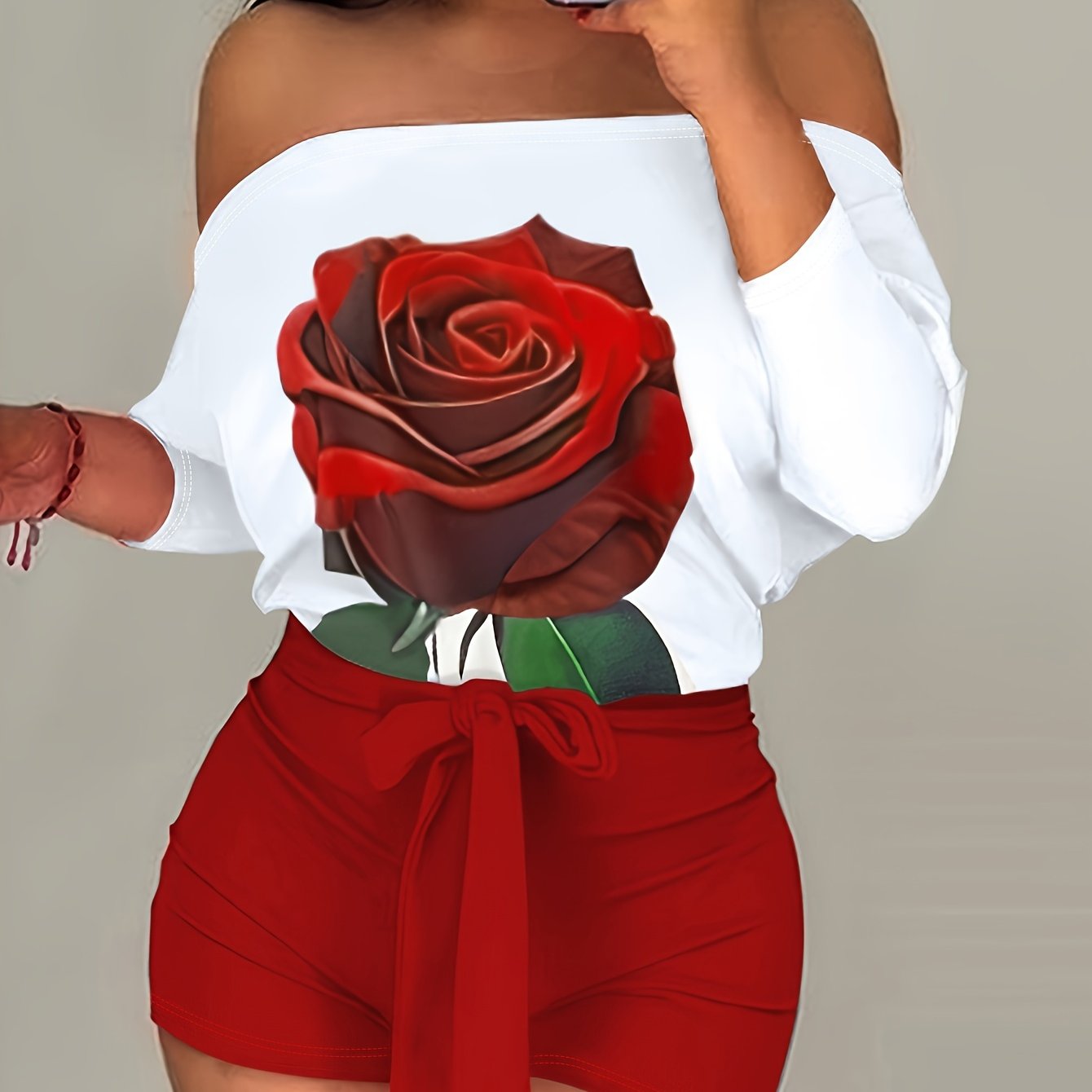 Color Block Graphic Print Romper Jumpsuit, Casual Off Shoulder Long Sleeve Tie Waist Slim Romper Jumpsuit, Women's Clothing
