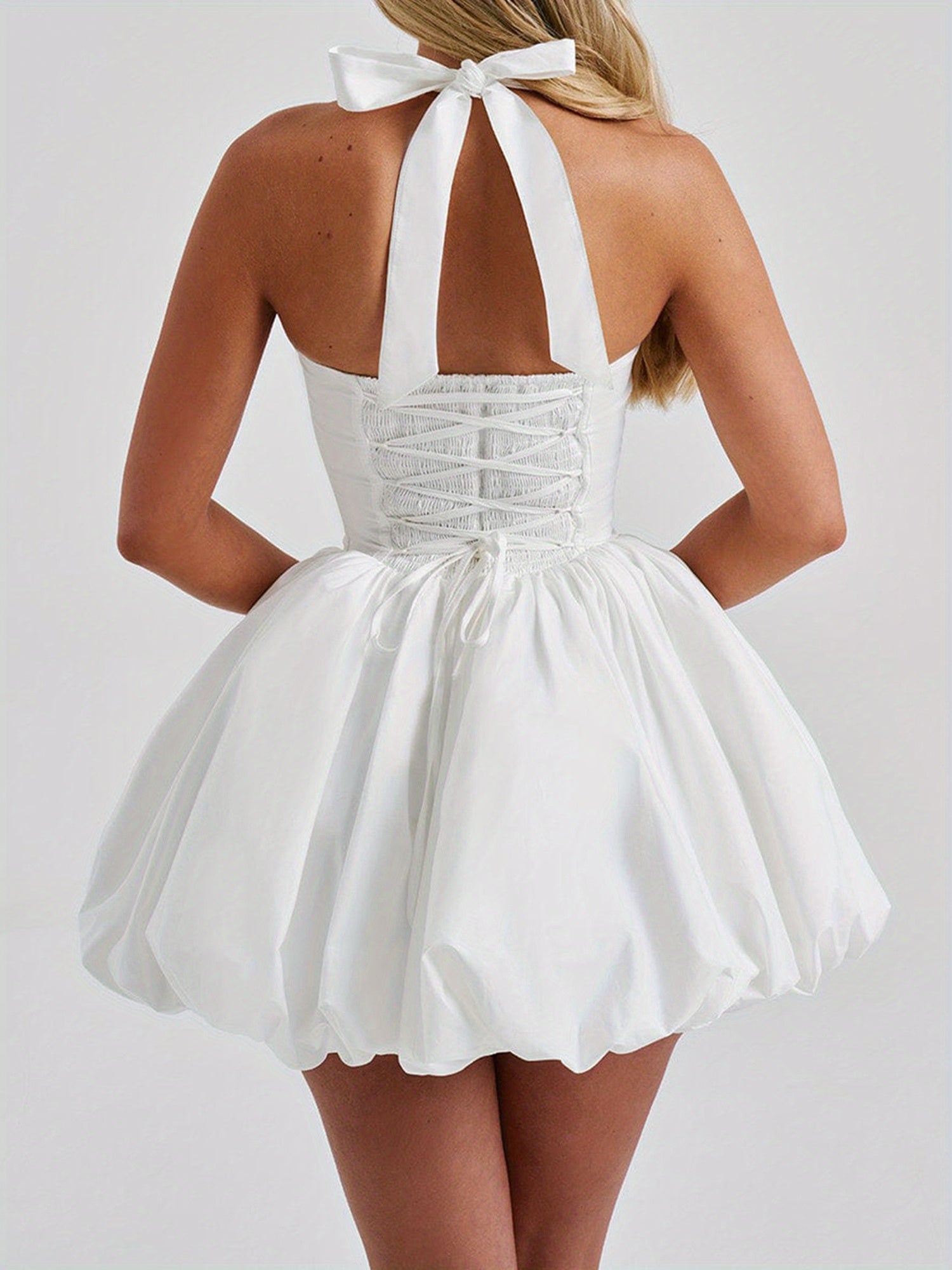 Women's Y2K Sleeveless Halter Backless Corset Dress with Adjustable Tie-Up Waist & Flared Bubble Skirt - Solid White Clubwear for Beach, Party, Streetwear - Machine Washable, Dresses for Beach