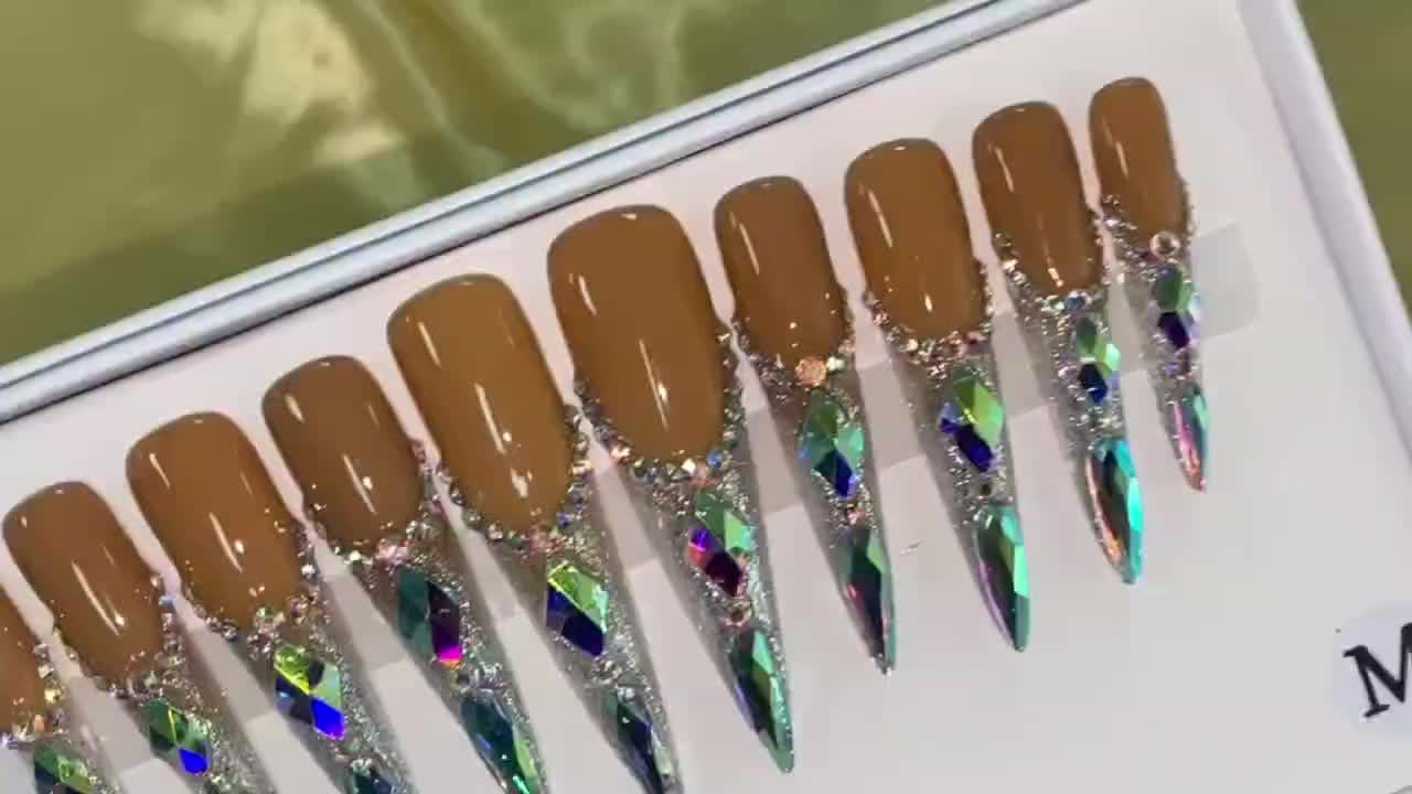 Handcrafted Ultra-Pointed Nude Press-On Nails with Luxurious Large Rhinestones - High-End Elegance, Grandeur & Modern Style for Women | Pure Hand-Set Sparkling Diamonds | Extra-Long Ultra-Durable Design Resists Bending