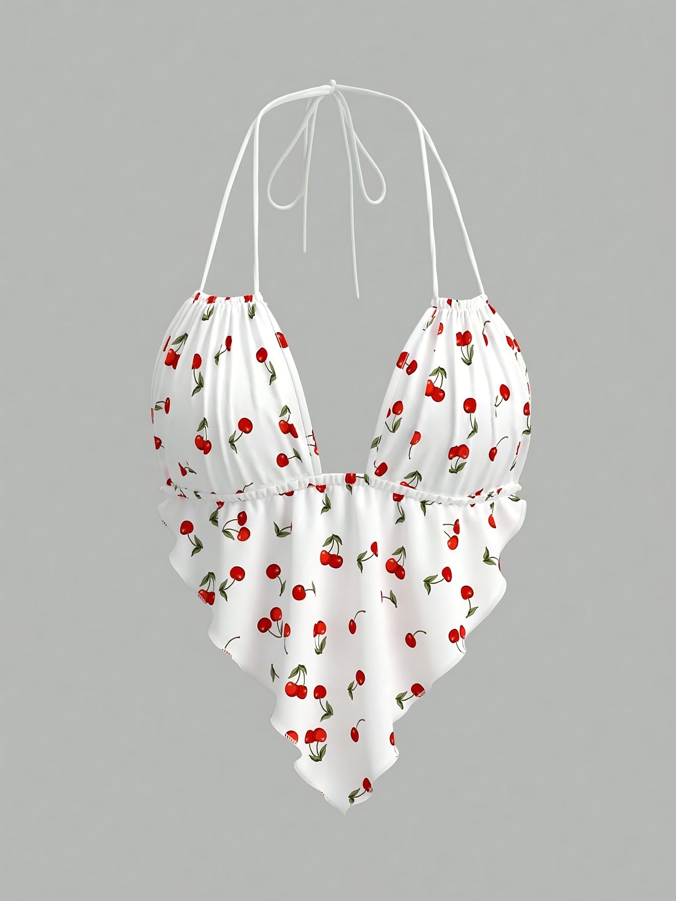 Ladies' Solid Color Halter Neck Drawstring Backless Sexy Tank Top with a Wavy Hem And Heart-Shaped Design.