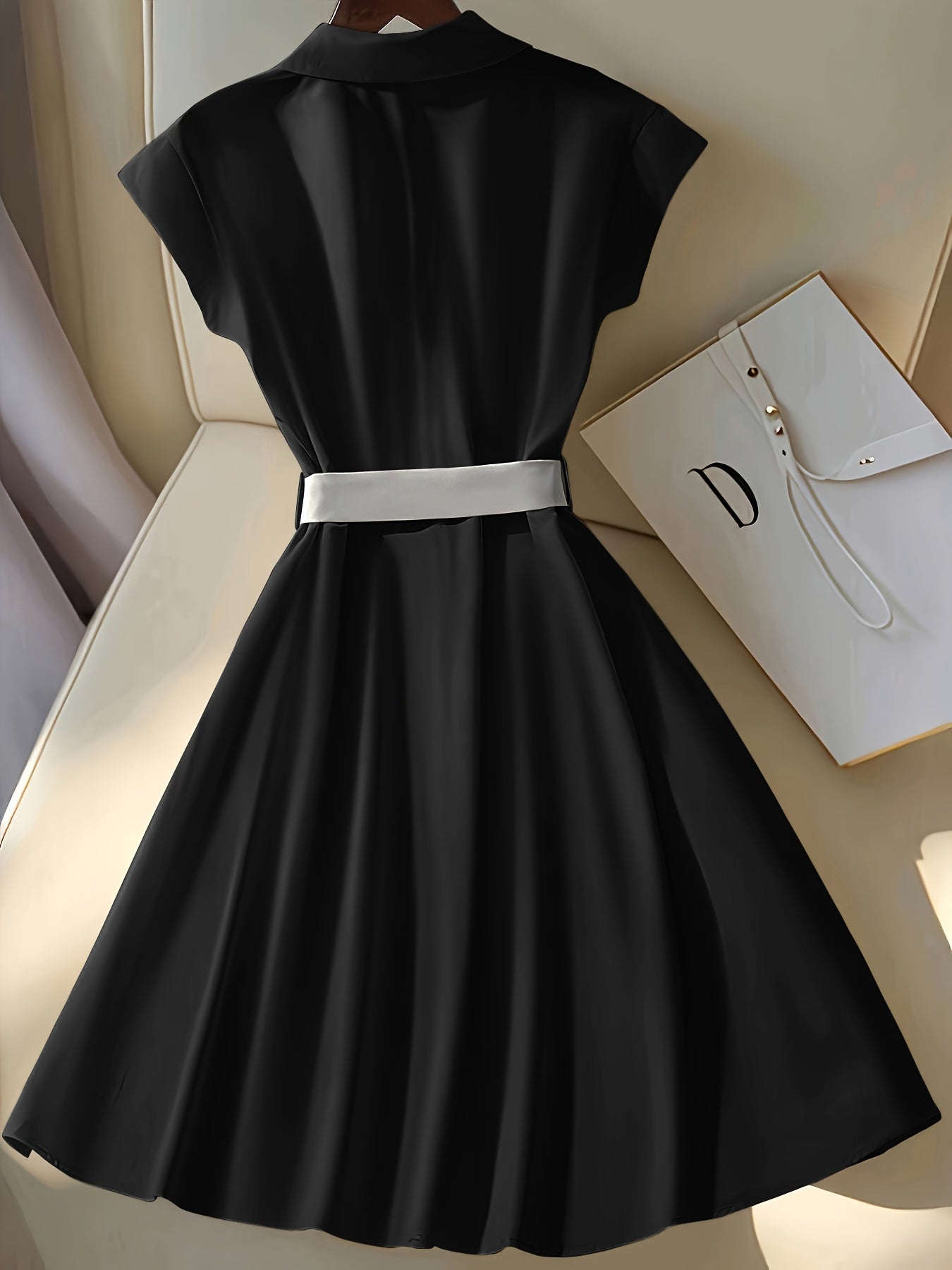 Women'S Elegant Beige Short Sleeve A-Line Shirt Dress with Belt - Polyester, Collared Neck, Perfect for Spring/Summer Casual Wear, Casual Attire|Elegant Collared Dress|Polyester Dres